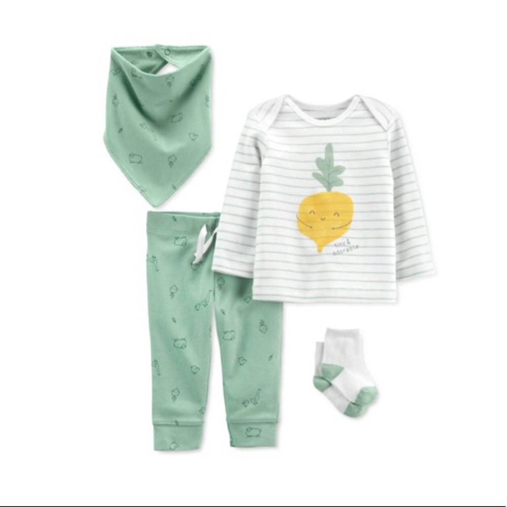 Carter's Size 4-Piece Veggie Shirt, Pant, Bandana Bib, and SockSet Size 3M